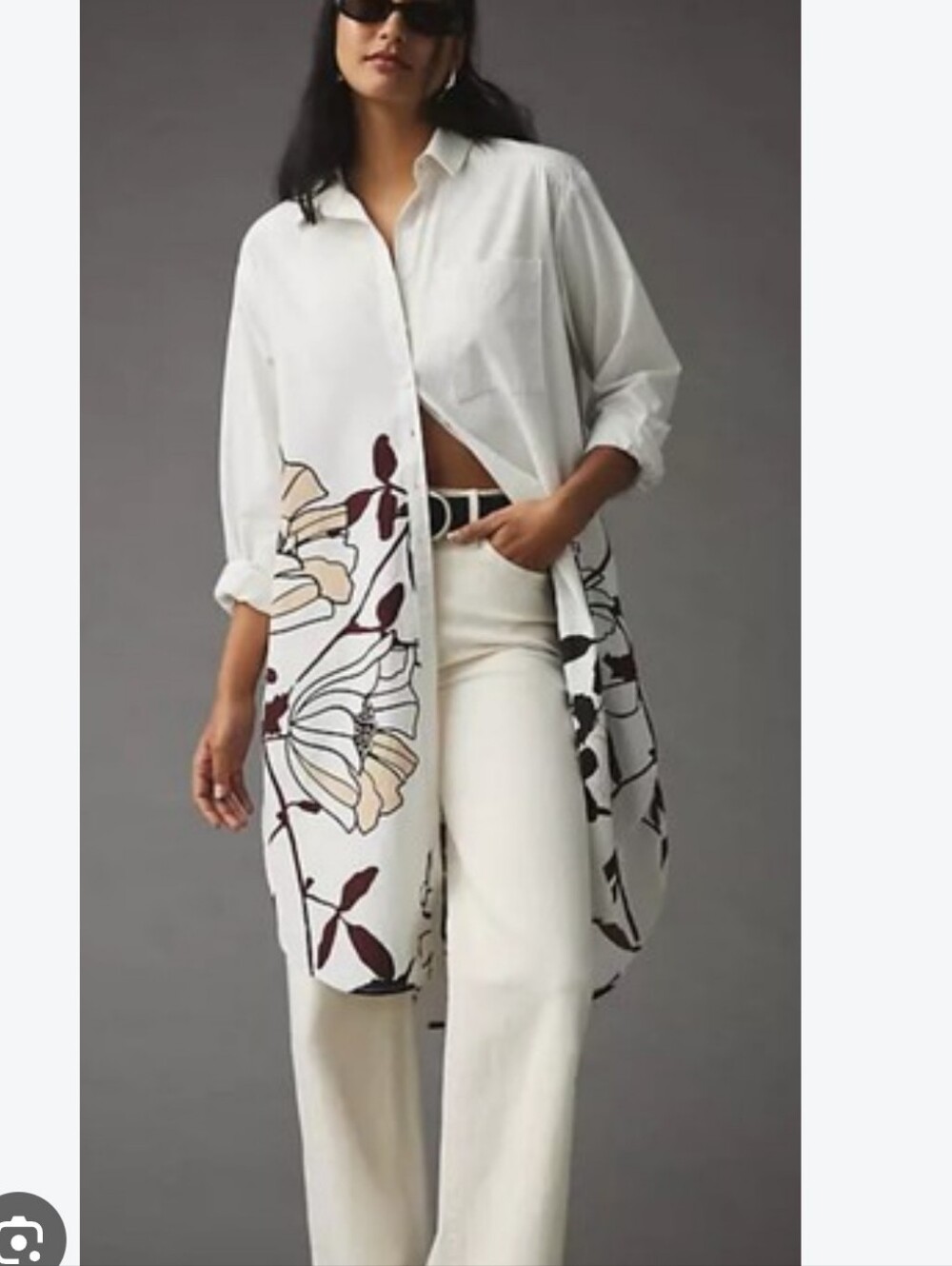 Anthropologie Maeve Maxi Tunic Poplin Buttondown Floral Neutral XXS
